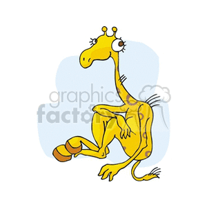 The image is a cartoon clipart featuring a yellow giraffe with brown spots. The giraffe appears to have a comical expression, long neck, and is seated in a relaxed pose.