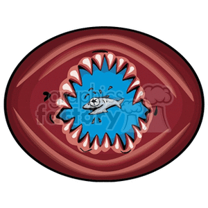 This clipart image depicts an oval-shape, resembling a plate, with a whimsical representation of a small shark or fish in the center, surrounded by a burst of blue that suggests water. The overall design gives the impression of a dish with a cartoonish shark illustration, which could suggest a seafood meal.