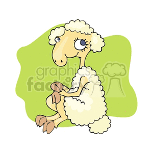 The clipart image depicts a cartoon sheep with a prominent, fluffy fleece. The sheep is drawn in a stylized manner, with an anthropomorphic face showing a friendly expression, featuring large eyes and a smile. It's sitting down, and its hooves look soft and round, similar to the way hands might be depicted in children's illustrations.
