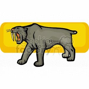 The image is a clipart illustration of a Sabre-toothed tiger, depicted with its defining long, sharp canine teeth prominently visible. It is set against a yellow and orange background.