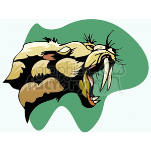 The clipart image depicts a stylized representation of a saber-toothed tiger. The animal is shown in a dynamic pose with its mouth open, showcasing its long, prominent canine teeth which give the saber-toothed tiger its name. The image features exaggerated and bold lines to define the shape and fur of the creature, and it is set against a green backdrop that contrasts with the tiger's coloring.