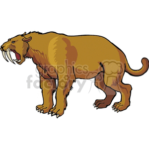 The image is a clipart illustration of a saber-toothed tiger, which is an extinct species of the genus Smilodon, known for its long, curved saber-shaped canine teeth. The tiger is depicted in profile with its mouth open, showing its prominent fangs.