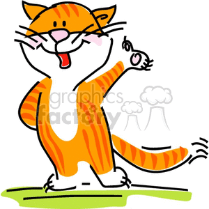 The clipart image depicts an orange and white striped cartoon cat standing upright on a green surface. The cat is smiling, its mouth open mid-meow, with its right paw raised up as if gesturing or presenting something. The tail is also animated and slightly curved.