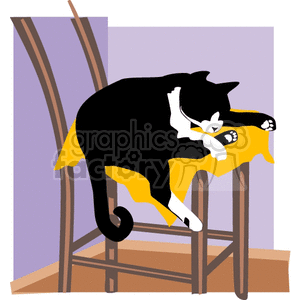 The clipart image depicts a black and white cat lounging lazily on a yellow cloth that drapes over a wooden stool. The cat appears relaxed with its front paws gently crossed and its head comfortably nestled between them. The background features simple geometric shapes suggesting an interior space, with purple walls and a hint of a brown structure, possibly a window.