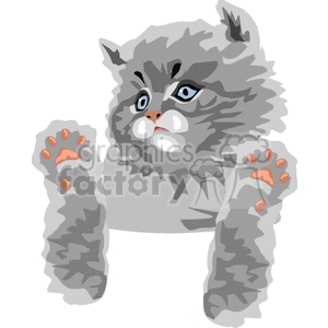   The clipart image features a playful cartoon representation of a kitten. The kitty has a fluffy grey coat with tabby-like markings, large expressive eyes, and sizable paws with visible pink pads. It appears to be in a playful or surprised posture, with its front paws up and mouth slightly open, as if it