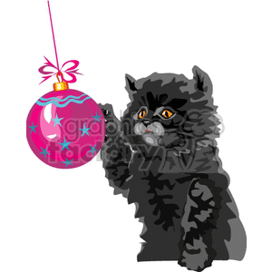This clipart image features a fluffy grey kitten with striking eyes, reaching up toward a hanging pink Christmas ornament adorned with stars and a bow.