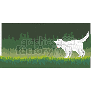 This clipart image depicts a white cat with green eyes prowling through a grassy area. The cat seems to be in an alert stance, possibly on the lookout for prey or exploring its environment. The background is abstract and gives the impression of a dense, dark green forest or a hedge. Various shades of green illustrate the grass and foliage, with the lighter tones in the foreground where the cat is and darker shades in the back.