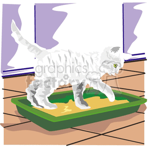 The clipart image shows a white cat using a green litter box. The cat is indoors, as suggested by the flooring and partial view of a window in the background.