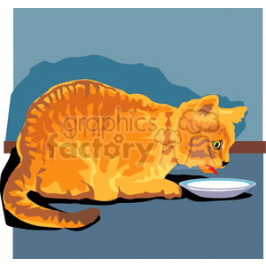 The clipart image depicts an orange tabby cat with stripes, drinking milk or water from a saucer. The cat has a focused expression, and its tongue is visible touching the liquid in the saucer. The background includes a blue wall and what appears to be a brown floor or surface where the saucer is placed.