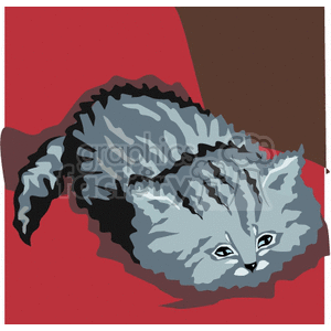 This is a clipart image of a fluffy gray kitten with distinct black stripes and a cute face. The kitten appears to be lying down and looking slightly upwards with large, expressive eyes. The background is divided into two colors, a dark brown and a bright red, providing a warm contrast to the cool tones of the kitten's fur.