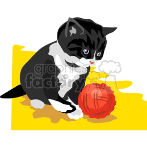 The clipart image features a black and white cat playing with a ball of red yarn. The cat appears to be engaged and focused on the yarn with a playful stance.