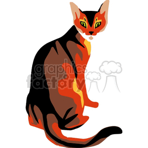 This image features a stylized clipart of a sitting cat with a primarily brown and orange coat and green eyes.