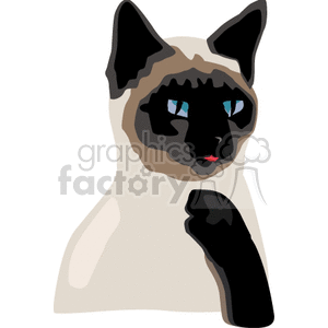 The clipart image displays a stylized representation of a Siamese cat. The cat features distinct color points, with darker fur on its ears, face, paws, and tail, which is characteristic of the breed. The cat appears to have blue eyes, a cream-colored body, and is possibly in a grooming pose as it lifts its paw near its face.