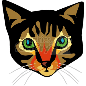 This clipart image features a stylized depiction of a domestic cat's face. The cat has prominent green eyes, a prominent nose and mouth area in shades of orange, and distinctive black stripes over a brown fur background, reminiscent of a tabby pattern. It's a graphic representation, simplified yet detailed with sharp lines and bold colors.