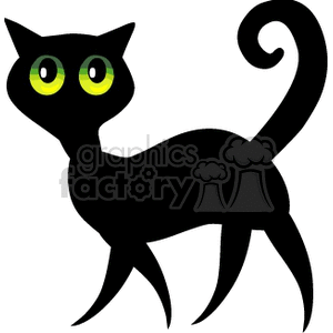 The image is a clipart of a black cat with prominent green eyes, a characteristic arched back, and a curled tail. It appears stylized with simple lines and shapes, lacking detailed textures.