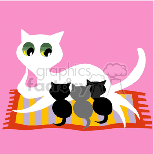 The clipart image depicts a white mother cat with a long tail and big green eyes, sitting on a yellow and orange striped rug/mat. She is nursing three kittens: two black kittens and one grey kitten.