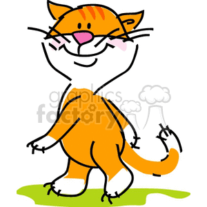 This is a clipart image of a stylized cartoon cat. The cat stands upright on two legs, has a happy expression with its mouth open as if meowing, whiskers, stripes on its head and body, and is wearing what looks like a pair of glasses or goggles on its head.