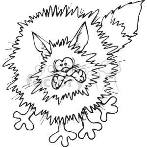 The image is a black and white clipart of a fluffy, wide-eyed cat that appears to be shocked or startled. The cat's fur is on end, giving it a puffed-up appearance. It has large, pointed ears, and its eyes are wide open with dilated pupils, enhancing the shocked expression. The cat's mouth is open, showing some teeth, adding to the surprised look. The paws are outstretched with the toes splayed, which often indicates a scared or defensive posture in cats. Overall, the image conveys a humorous representation of a cat in a state of surprise or alarm.