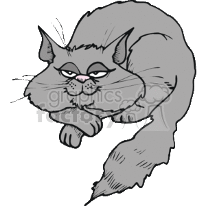 This image is a clipart illustration of a gray cat. The feline is drawn in a stylized manner with distinguishable whiskers, pointed ears, and a fluffy tail. It seems to be sitting or reclining, looking like it is content or happy