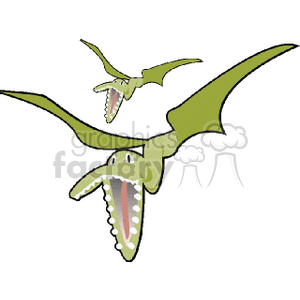 The clipart image features two cartoon pterodactyls. The pterodactyls appear to be flying, with their wings spread out. They have large, open mouths with visible teeth, and the overall style of the drawing is whimsical and playful.