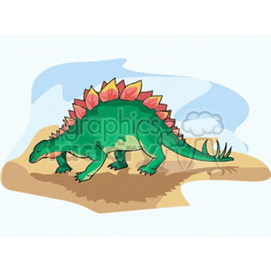 The clipart image depicts a stylized cartoon of a green dinosaur with a row of red and yellow spiky plates along its back, a long tail, and walking on all fours. It seems to be a representation of a Stegosaurus, a herbivorous dinosaur known for its distinctive back plates and spiked tail. The dinosaur is positioned on a patch of ground with grass, and there is a simple blue and white background that suggests a sky with clouds.