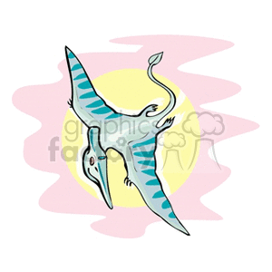   The clipart image shows a stylized cartoon representation of a pterosaur, which is a type of flying dinosaur, against a backdrop of a yellow sun and pink background. The pterosaur has a long beaked head, large wings, and a long tail with a diamond-shaped tip. The colors are quite playful and whimsical, suggesting it