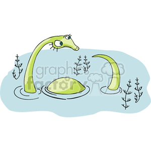 The image shows a humorous cartoon depiction of a dinosaur resembling the Loch Ness monster, with its long, slender neck and small head poking out of the water, while its body and tail are submerged. In the water, there are also a few simple representations of aquatic plants.