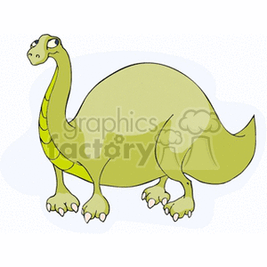 The clipart image depicts a cartoon dinosaur that appears to be friendly and smiling. It's a stylized representation of a sauropod-like dinosaur with a long neck and tail, and a large, rounded body. The dinosaur has a green-yellow color palette with a slightly darker green on its back and a lighter yellow along its belly and neck.