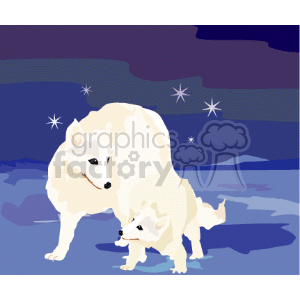 The clipart image depicts two white canine figures that resemble dogs, wolves or a white fox. They are set against a nighttime backdrop with a dark blue sky and stars. There appears to be a landscape that could represent snow or a frozen environment, which aligns with the presence of these white animals, as they are often associated with cold, snowy regions.