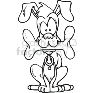   This is a black and white clipart image of a cartoon dog. The dog is sitting upright with a large bone in its mouth, which covers most of its face. Only the dog
