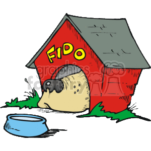 This image shows a cartoon of a dog's house. You can see the word 'FIDO' on the top of the house, with a large dogs snout sticking out. There is a blue food / drinks bowl in  front