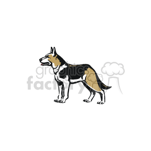 The clipart image depicts a side profile of a German Shepherd dog. You can tell by its pointed ears, long snout, and the distinctive black and tan coloring: black on the back and face, with tan on the legs, chest, and face markings. German Shepherds are known for their intelligence and are often used as working dogs in various roles such as police work, search and rescue, and as service dogs. This image represents them well, displaying their alert and upright stance.