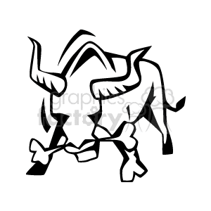 The clipart image depicts a stylized black and white drawing of a bull. The bull appears to be in motion, with its head lowered and horns pointed forward, suggesting an aggressive or 'angry' stance commonly associated with rodeo bulls or bulls on a farm that are defending their territory or displaying dominance.