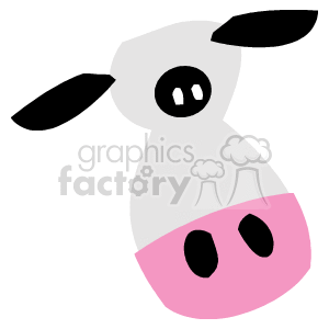   The clipart image features a simplified or stylized depiction of a cow, which is an animal commonly found on farms. The image captures the essence of a cow with a few distinct features such as a large pink snout, a white face with black spots, and a pair of ears. The style is cartoonish, with exaggerated features intended for easy recognition and perhaps for use in educational materials or children
