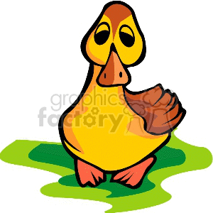 The clipart image contains a cartoon representation of a yellow duck. The duck is standing on what appears to be a patch of green, possibly grass, indicative of a farm setting. The duck's expression is notable; it has large, droopy eyes and a downturned beak, giving it a sad or possibly depressed demeanor.