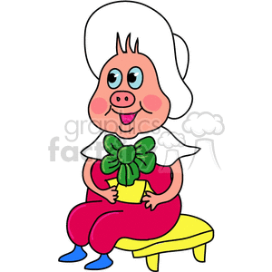 The clipart image depicts a cartoon pig with a human-like appearance. The pig character is sitting on a yellow bench. It has a pink complexion, blue eyes, and is wearing a white cap or hair, a red dress with a white collar, and a large green bow. The pig is holding a small yellow square, which could be a piece of paper or a ticket.