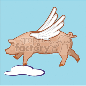 The image is a clipart illustration depicting a pig with wings that appears to be flying above a small cloud. The pig is facing to the right, and the wings are outstretched as if in mid-flight.