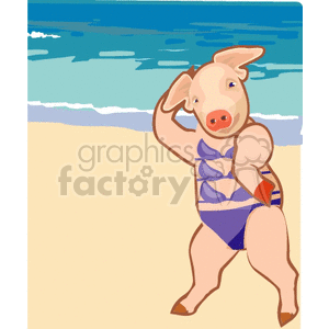 This clipart image depicts a cartoon pig standing on a beach. The pig is wearing a purple swimsuit and posing with one hand behind its head and the other on its waist, as if it's enjoying the sun. The background features the ocean with waves and a clear sky, as well as a sandy beach at the forefront.