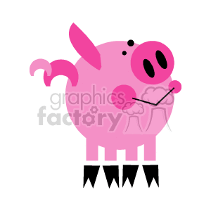   The clipart image features a stylized cartoon pig. It is a simple and cute representation commonly associated with farm animals. The pig is pink with a round body, a curly tail, an overemphasized snout, and it is standing on its hind legs which end in what appear to be cloven hooves. The pig also has a happy expression, with one eye closed as if it