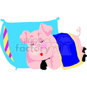 The image depicts a cartoon-style pig that appears content and relaxed, lying down with its eyes closed as if it were sleeping or resting. The pig is colored pink, with visible ears, a snout, and a curly tail. The pig is also shown with a blanket covering its body, which is blue with a yellow fringe on the right side, and a pillow at its head, which appears to be striped with blue and a sort of pink or red color. The image has a simplistic, child-friendly design, suggesting it might be suitable for children's media or educational content.