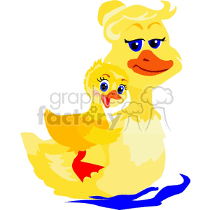 The clipart image features a cartoon of a mother duck and her duckling. The mother duck is depicted with an exaggerated expression, characterized by what seems to be a gentle frown and large blue eyes, while the duckling appears happy and enthusiastic with wide-open eyes and a broad smile. They both have typical yellow feathers and orange beaks and feet. Below them is a simple representation of water in blue color.
