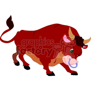 The clipart image depicts a stylized red bull. It has horns, a swishing tail, and appears to be in motion. The bull has a muscular build, with details such as hooves and facial features like eyes and snout clearly illustrated.
