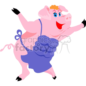 The clipart image depicts a stylized, cartoonish pig standing on two legs. The pig is adorned with feminine characteristics, including what appears to be a blue dress or apron with a bow on the back and a small tiara or crown on its head. The pig looks cheerful and is smiling, with one arm extended outward as if gesturing or dancing.