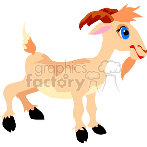 The clipart image shows a cartoon representation of a goat. It features a stylized depiction with a friendly appearance, accentuated by large blue eyes and a bright smile. The goat is predominantly beige with darker hooves and patches of brown on its head and tail.