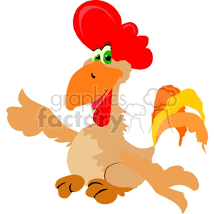 This clipart image features a cartoon rooster. The rooster is drawn in a whimsical and exaggerated style, with a large red comb on its head, green eyes, an orange beak, and a red wattle. The tail feathers are colored in shades of yellow and orange. Its wings are positioned as if gesturing or pointing, adding to the humorous quality of the image.