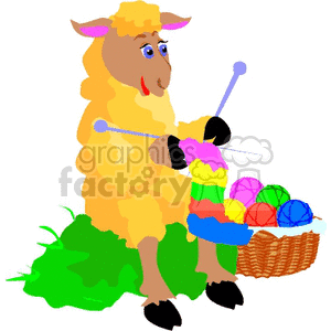 The clipart image features a cartoon sheep with a whimsical design. The sheep is seated on grass and is knitting with a pair of blue knitting needles. It is working on a colorful yarn project that includes the colors pink, yellow, green, and blue. Beside the sheep is a basket filled with various colored balls of yarn including purple, red, green, blue, orange, and yellow.