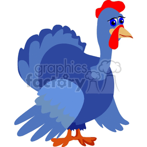 The clipart image shows a cartoon representation of a blue turkey. It features a stylized turkey character with a prominent snood and wattle in red, blue plumage, an orange beak and feet, and is depicted standing.