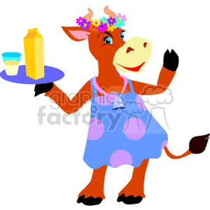The clipart image shows a cartoon representation of a cow. The cow is standing upright on two legs and is anthropomorphized, portrayed with human-like qualities. It is wearing a blue dress with purple polka dots, a necklace, and a flower crown on its head. The cow is smiling, has one hand on its hip, and is holding a tray with a glass of milk and a milk bottle in the other hand.