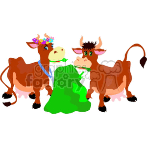 This image depicts two cartoon cows standing next to each other with one of them eating a chunk of grass. The cow on the left is adorned with flowers on its head, while the cow on the right has a piece of grass in its mouth. Both cows are brown with white patches and have belts around their bodies.