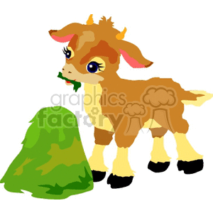 The clipart image depicts a cartoon baby cow, also known as a calf, with brown and white coloring. The calf has big eyes and is standing next to a green mound, possibly representing food like grass or hay, which the calf appears to be eating.